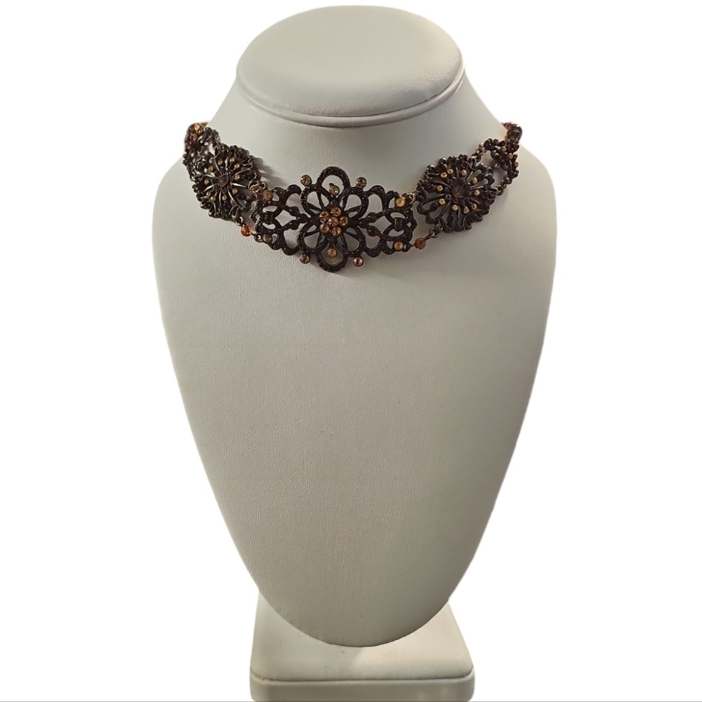 Vintage VCLM Antique Color Metal and Amber Rhinestones Choker Necklace